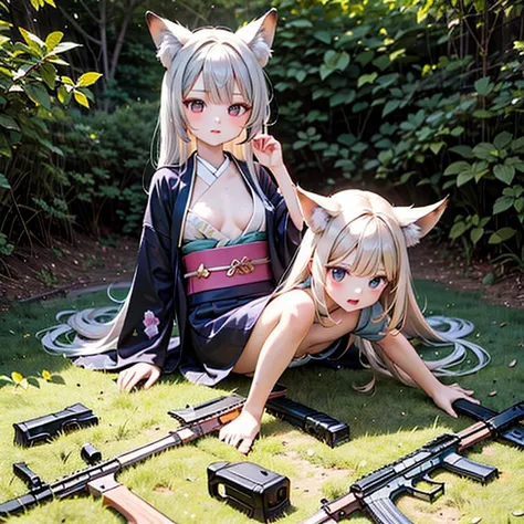 (Fox Girl, Fox Ears, Silver Hair, Fox Makeup, One Girl, Long Hair:1.6), (kimono, Kimono with open chest, A beautiful kimono with red and black patterns, I can see her cleavage, Open chest, Exposed skin:1.8), (Body measurements are 75-60-75!, Young girl bod...