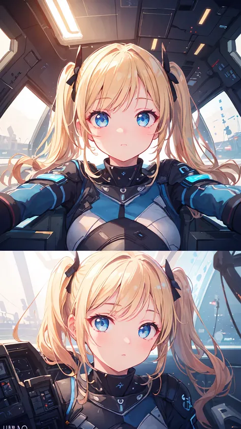 Masterpiece, beautifully detailed eyes,
stunning 4K artwork,
1 girl,
blonde hair, twin tails,
blue eyes,
ultra-realistic, (photorealistic:1.3), RAW photo, professional photography, cinematic lighting, realistic portrait, inside spaceship, sitting in cockpi...