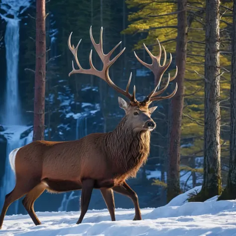 (masterpiece, 8K, UHD, RAW), A large North American red deer with large antlers and a handsome man riding on his back, the deer is a large male buck standing in the clearing of the great red wood Forest, there is a distant waterfall, and snow capped mounta...