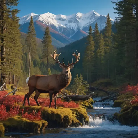 (masterpiece, 8K, UHD, RAW), A large North American red deer with large antlers and a handsome man riding on his back, the deer is a large male buck standing in the clearing of the great red wood Forest, there is a distant waterfall, and snow capped mounta...