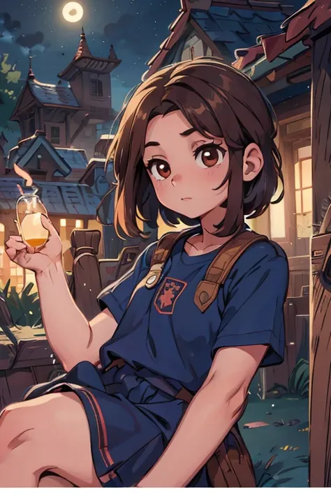 perfect face, perfect hands. A brown haired young witch with copper eyes in a navy is laying on the roof of an academy at night