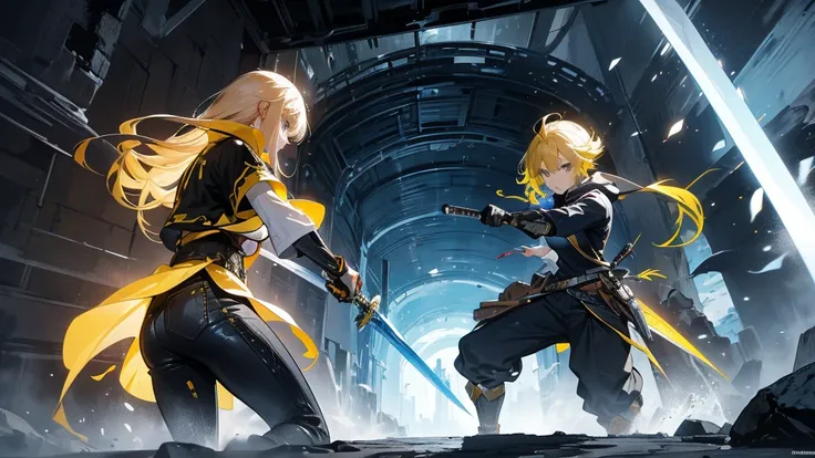 At the deepest part of the cave, a yellow-haired female swordsman with a long sword is fighting a monster.