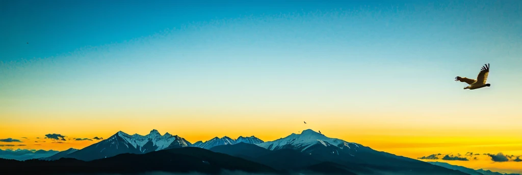 Yellow afternoon sky, mountain, birds flying 