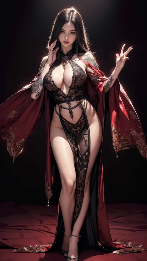 (Ultra-detailed, photorealistic, best quality, 4k,8k, highres, masterpiece:1.3), featured Succubus, defined waist, full hips, large round and perky breasts, F Cup breasts size, naked body, graceful and seductive pose, long flowing hair, flawless skin, shar...