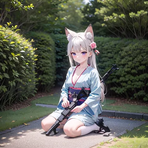 (Fox Girl, Fox Ears, Silver Hair, Fox Makeup, One Girl, Long Hair:1.6), (kimono, Kimono with open chest, A beautiful kimono with red and black patterns, I can see her cleavage, Open chest, Exposed skin:1.8), (Body measurements are 75-60-75!, Young girl bod...