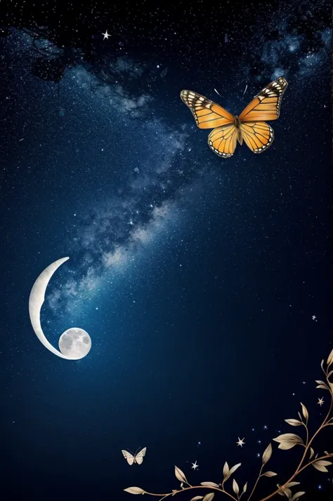 A butterfly with moon and a stars in its wings