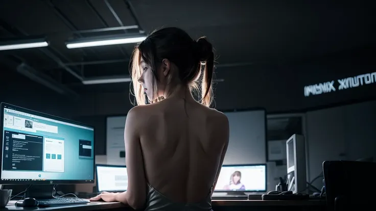 girl sitting in front of computer screen with her back watching, white glow screen, super verbose, realisitic