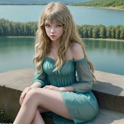 Take the cover of Taylor Swifts album, "Taylor Swift (Taylors Version)," her with long curly blonde hair, blue eyes, sitting next to a lake, wearing a green dress 