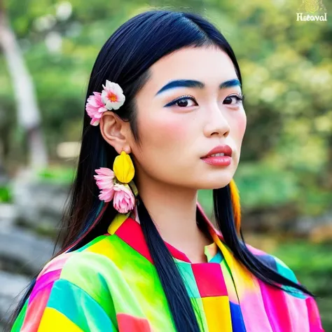 A beautiful, realistic Asian girl wearing a colorful