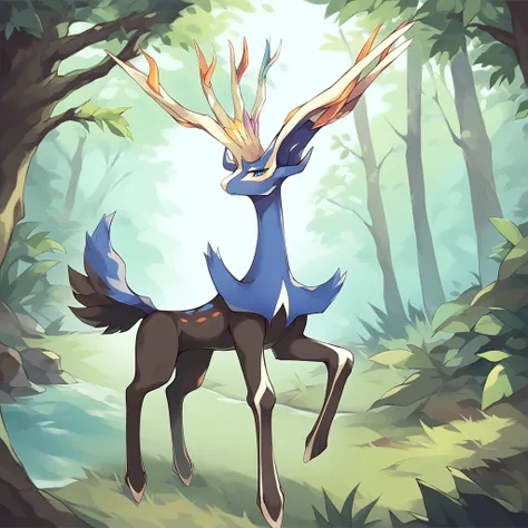 score_9, score_8_up, score_7_up, solo, Xerneas, (close-up), forest, nature, deer, stunning scenery, full body, looking at the viewer