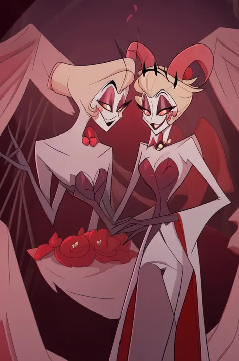 lilith (hazbin hotel), lucifer | hazbin hotel, waltz, upper body, 1boy, 1girl, female taller than male, 2people, cleavage, perfe...