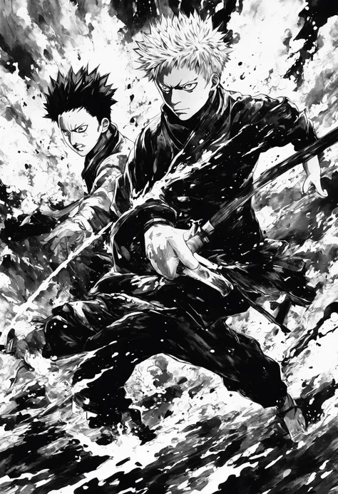 Ink Painting,Black and white painting,splash,2 people,Jujutsu Kaisen,Gojo Satoru,Battle Scenes,