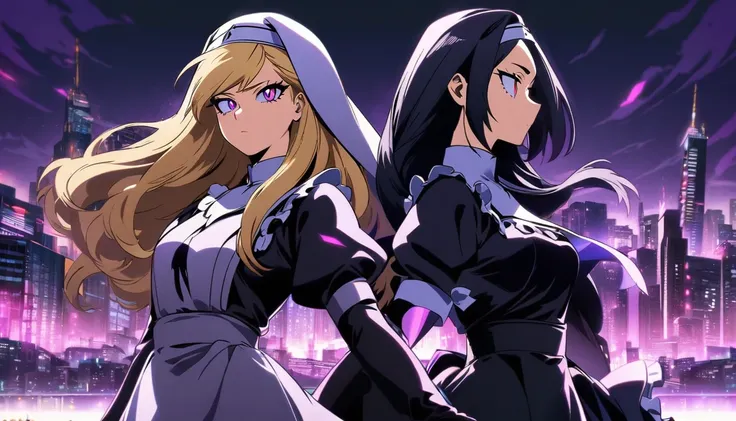 Two girls. The first is a nun with blonde long hair and scary red eyes. The second is next to her and is a maid with purple eyes and long, straight black hair. The background is a city with purple lights. Boku no Hero Academia Art Style.