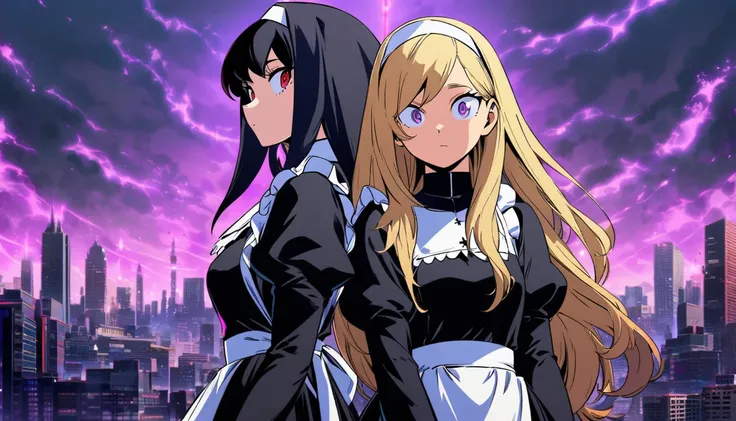 Two girls. The first is a nun with blonde long hair and scary red eyes. The second is next to her and is a maid with purple eyes and long, straight black hair. The background is a city with purple lights. Boku no Hero Academia Art Style.