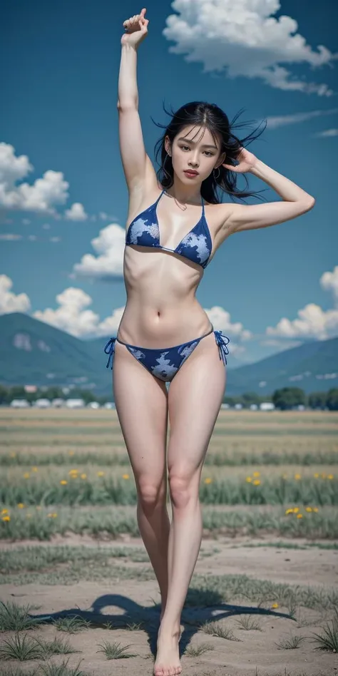 Paichan, Twin braids with blue ribbon, Brown eyes, Double good,Black Hair, alone , Tai Chi Stance, close, disappointing,Bikini figure、Kung Fu Pose、High Kick、 blue sky, cloudy, evening, grassland, (Very detailed, Beautifully detailed face, masterpiece, high...