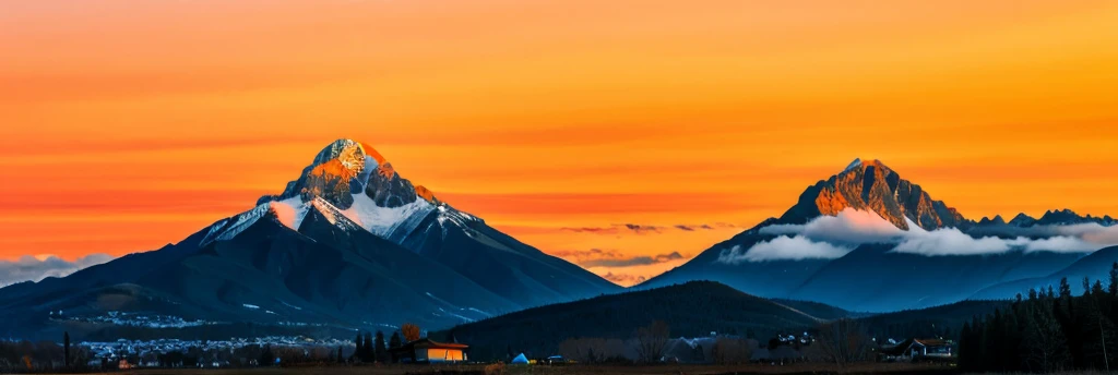 Orange afternoon sky, mountain, birds flying 