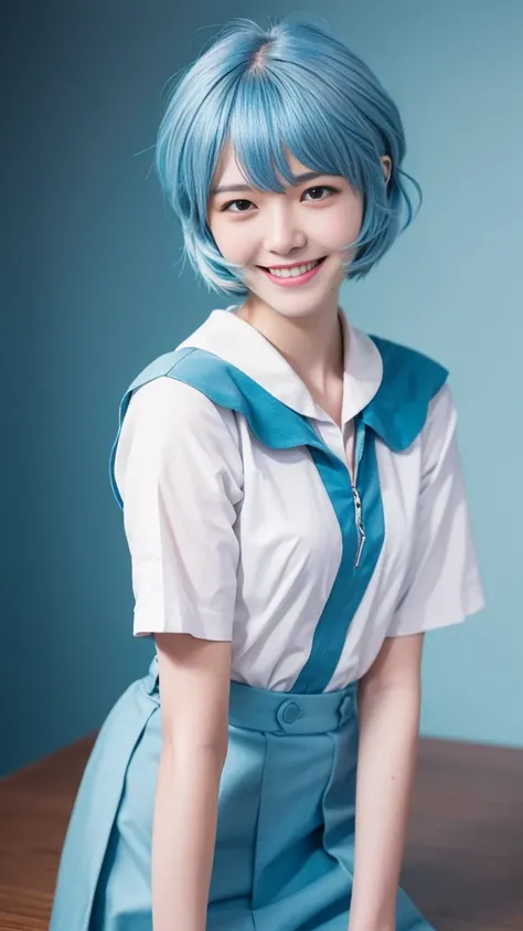 (Highest quality, High resolution, Tabletop:1.2), One Girl, ayanamirei, Bobcut, high school girl,uniform，Upper Body View、Interface Headset, background, Light blue hair color, smile, Apply blush all over the face, Embarrassing, View your viewers