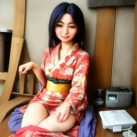 Very beautiful 18 year old Japanese woman, holding old cassette tape, cassette tape facing front, woman looks very happy.