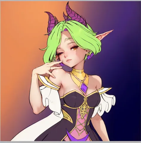 un primer plano de un personaje de dibujos aniMADos con cabello verde y cuernos morados, high resolution commission, inspired by kris by deltarrune, alluring tiefling druid, colored linear, Goddess of mischief, in Hearthstone art style, an elf queen, hands...