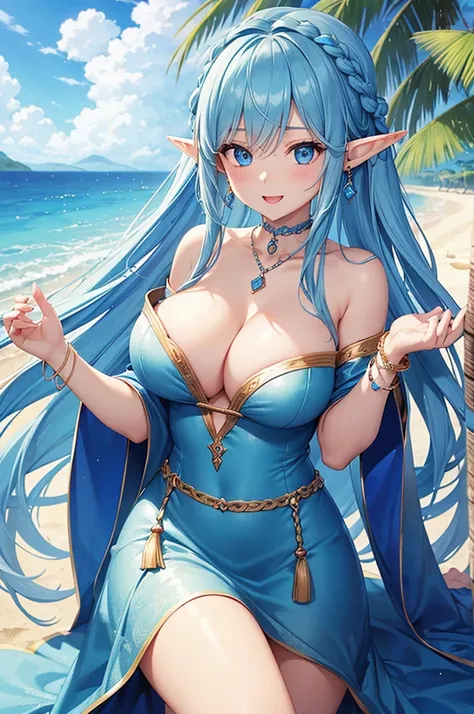 Highest quality、Highest quality、masterpiece、(8K),beauty(Age 25)、(Mature Appearance)、Light blue long hair(Braiding of the sides)、blue eyes、((Naked))、(Elf)、Big cleavage、((Big Breasts))、smile、blue necklace、Blue Earrings、background(Beach)、Please open your mout...