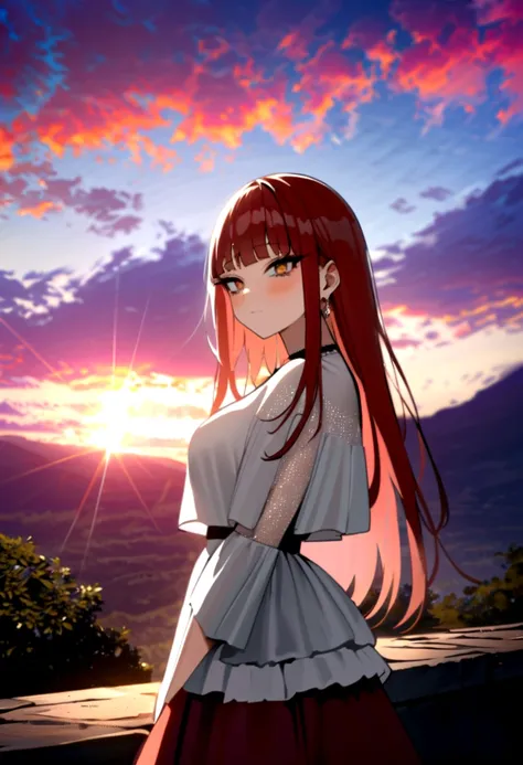 beautiful eyes、blood red long hair，,beautiful sky, beautiful clouds, rain of blood，ruby,sunlight、the light and shadow are beauti...