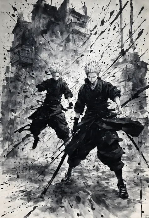 Ink and ink painting,Black and white painting,splash,2 people,Jujutsu Kaisen,Gojo Satoru,In combat,