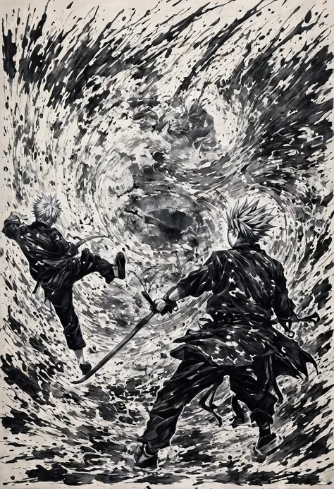 Ink and ink painting,Black and white painting,splash,2 people,Jujutsu Kaisen,Gojo Satoru,In combat,