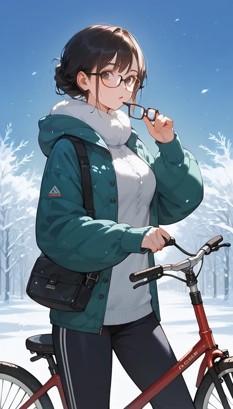 score_9, score_8_up, score_7_up,1 female. Bangs hairstyle, face. winter clothing, Breasts, Thick-rimmed glasses. (detailed black rim glasses). 22-years-old beautiful female. pants. Put the hand on the bicycle handle. beautiful hands. no background.