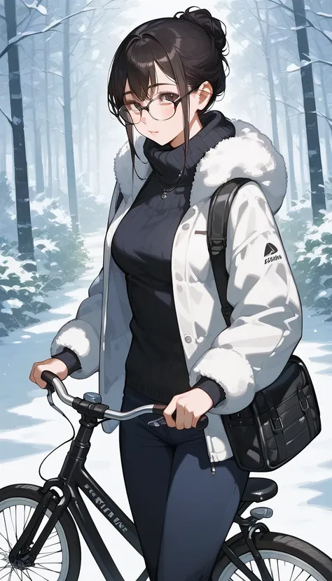 score_9, score_8_up, score_7_up,1 female. Bangs hairstyle, face. winter clothing, Breasts, Thick-rimmed glasses. (detailed black rim glasses). 22-years-old beautiful female. pants. Put the hand on the bicycle handle. beautiful hands. no background.