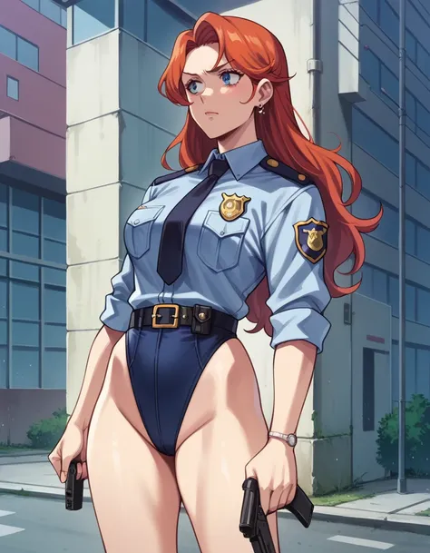 There is a woman in a police uniform, official, police official, (Yoshida Yuuko), relaxed police, Attire: cop, redhead woman, yoshida yuuko wearing a police uniform, high resolution commission, sheriff woman, Lois van Baarle y Rossdraws, bottomless, leotar...