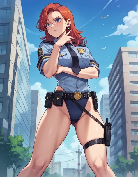 There is a woman in a police uniform, official, police official, (Yoshida Yuuko), relaxed police, Attire: cop, redhead woman, yoshida yuuko wearing a police uniform, high resolution commission, sheriff woman, Lois van Baarle y Rossdraws, bottomless, leotar...