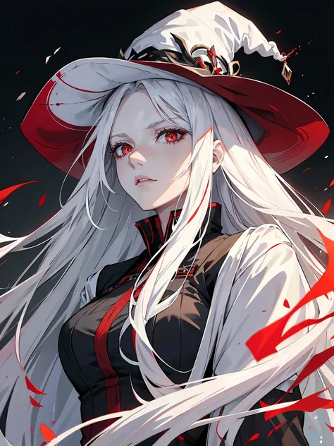 handsome woman，red-eyes，red pupils，Long white hair, grey skin, looks ill, Hyperresolution，accuracy，Detailed rendering，（Subtle facial image）（Image of fine hair）（topquality）（Masterpieces of masters）（High degree of completeness）（A sense of atmosphere）tmasterp...