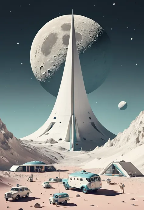 Beautiful award winning 1950s simple flat 3D art editorial infographics of a moon base, pale colors, perfect focus, neutral white background, epic angle, epic composition, hyper maximalist