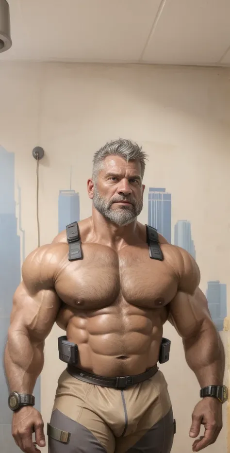 A muscular (African American) alpha beefy massive pumped old muscle daddy with big arms, pectorals and thick thighs, huge beard, grey hair, wearing a tight bodysuit mixed with cyberpunk armor gear, ((wrinkled skin:0.9)), realistic, 8k, 3d render, unreal en...