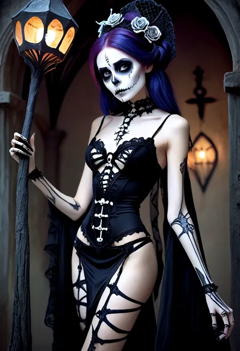 arafed woman with a skeleton make up and a black strappy lace lingerie, skeleton girl, in style of tim burton, beautiful sally Skellington, alluring and terrifying, in style of anne stokes, beautiful necromancer girl, scary look, corpse bride style, jack s...