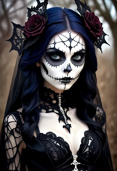 arafed woman with a skeleton make up and a black strappy lace lingerie, skeleton girl, in style of tim burton, beautiful sally Skellington, alluring and terrifying, in style of anne stokes, beautiful necromancer girl, scary look, corpse bride style, jack s...