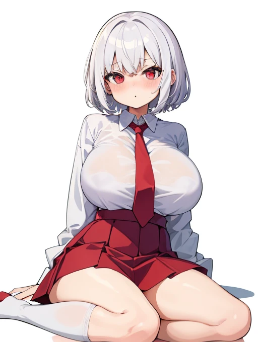 masterpiece, best quality, ultra-detailed, illustration,1girl, Short white hair, White school shirt, Red tie, Red short skirt, blush, big breasts, Big thigh, White stockings, looking at viewer, simple background, solo, very sexy pose sitting on the floor, ...