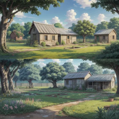 Draw an anime simple art scene of a farmers hut in field with cracked walls and faded paint, pond nearby, earthern pots outside, colorful clothes drying outside, evening, single streetbulb, cloudy sky, trqactor parked outside, banyan tree, no human, vibran...