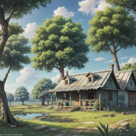 Draw an anime simple art scene of a farmers hut in field with cracked walls and faded paint, pond nearby, earthern pots outside, colorful clothes drying outside, evening, single streetbulb, cloudy sky, trqactor parked outside, banyan tree, no human, vibran...