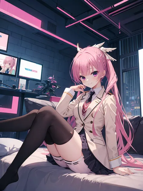 A girl，独奏，Pink long hair，happy，Smile，Medium long hair，Dissemination，kikka academy uniform,((White stockings)), highres, absurdres，Black underwear,City background，cyberpunk, Anime style 4k, Sitting on the sofa，indoors，In the bedroom，Mitsukasa Ayase、Characte...