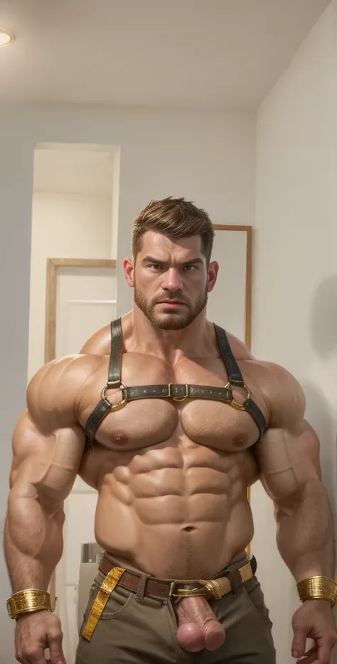 Cinematic soft lighting illuminates a stunningly detailed and ultra-realistic hyper muscular handsome aged 28 Chris Redfield bodybuilder with big arms, exuding huge sexual aura, meticulous muscle definition, jacked, angrier expression, big pecs, tan skin, ...