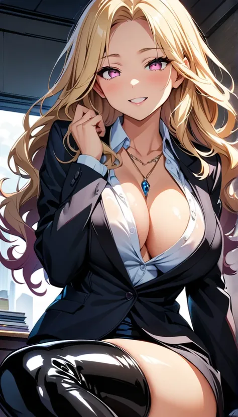 (highest quality:1.2,evil lady,cg, Very detailed, High Detail, digital coloring, High Contrast, masterpiece:1.2,suits, highest quality, Best aesthetics), 8k,masterpiece, cute,tall,beautiful,best quality, 1lady,blonde hair,long hair,wavy hair,empty eyes, (f...