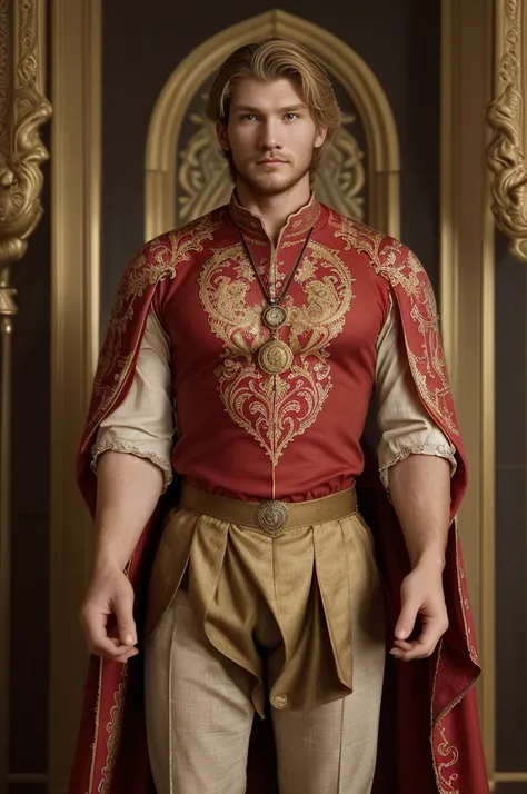 A Man 30 years old, full body, wearing an outfit in classic medieval style, He is wearing a red tunic made of thick cotton fabric, the tunic has elaborate details, with sleeves, the high, ornate collar of detailed fabric, the pants are cotton, patterned se...