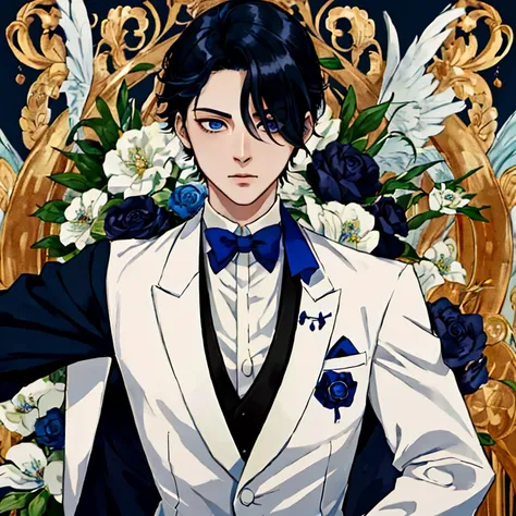 blue eyes、hitman、animated image of a man in a tuxedo standing on the street, a delicate androgynous prince, inspired by hisui su...