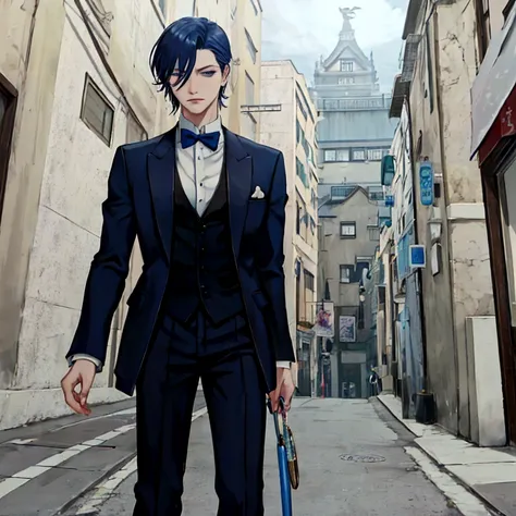 blue eyes、hitman、animated image of a man in a tuxedo standing on the street, a delicate androgynous prince, inspired by hisui su...