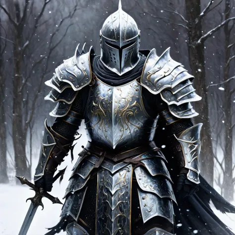 Create an impressionistic painting of a scary warrior knight, Neve, Cosmic gray, artistic, complicated