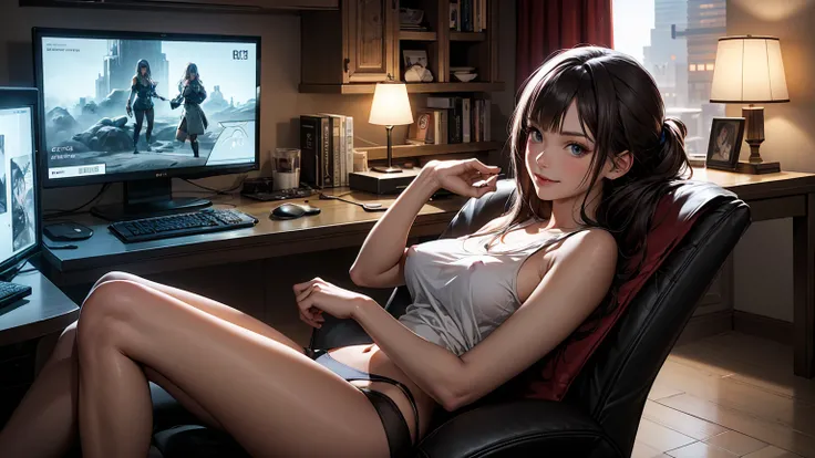 Create a high-quality, detailed image of a beautiful anime girl with long, flowing hair and intricate details. She is sitting in a gaming chair in her cozy gaming room, smiling. She wears a tank top that barely conceals her nipples and sexy panties, highli...