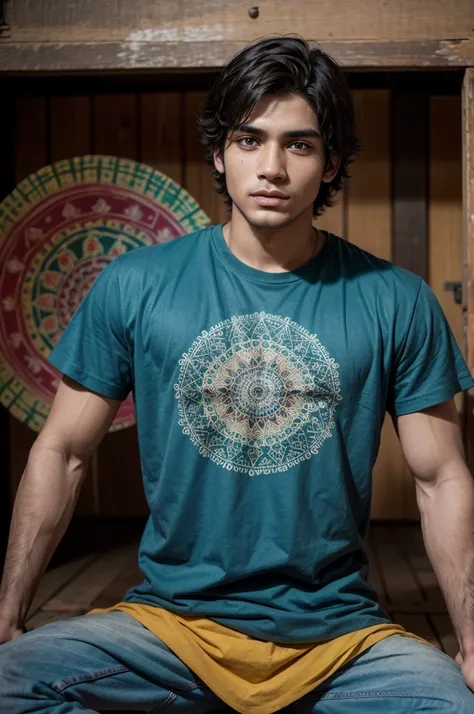 indian colorful mandalas, drawn on black Brazilian man model T-shirt, different shirt colors