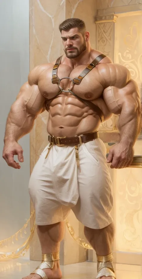 Cinematic soft lighting illuminates a stunningly detailed and ultra-realistic hyper muscular handsome aged 28 Chris Redfield bodybuilder with big arms, exuding huge sexual aura, meticulous muscle definition, jacked, angrier expression, big pecs, tan skin, ...