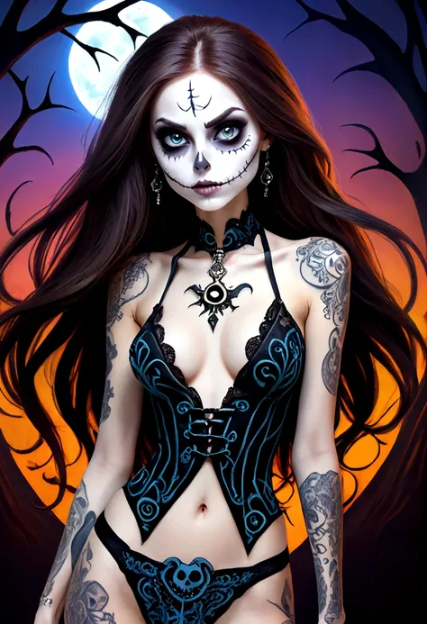 Create a hyper detailed photograph of a jack Skellington tattoos young stunning gorgeous sexy sally Skellington, Stunningly perfect gorgeous face, perfect makeup, detailed vibrant eyes, long hair,detailed perfect beautiful legs, detailed perfect beautiful ...